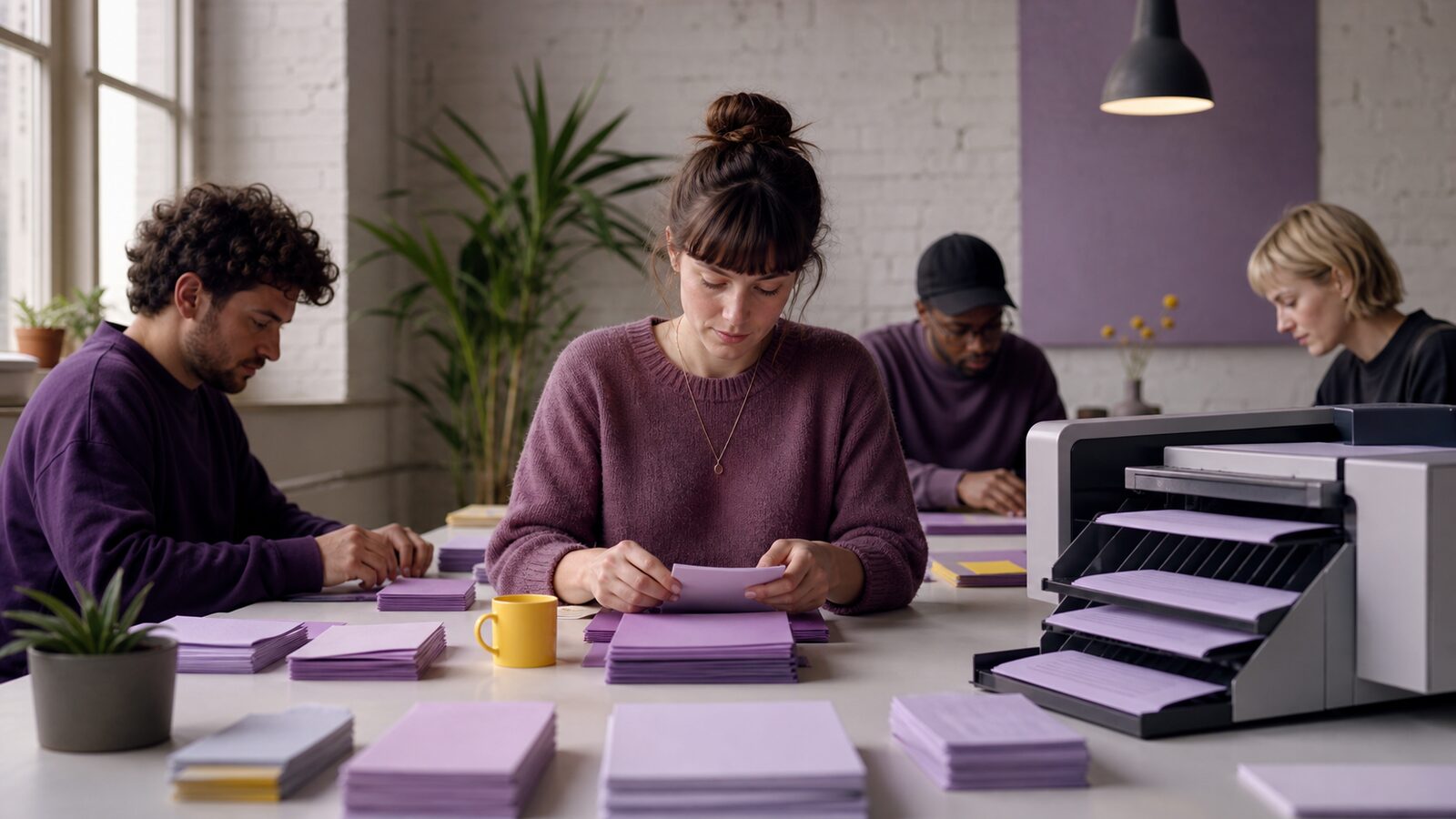 Small team still present around a worktable while repetitive task cards move to a compact machine at the side
