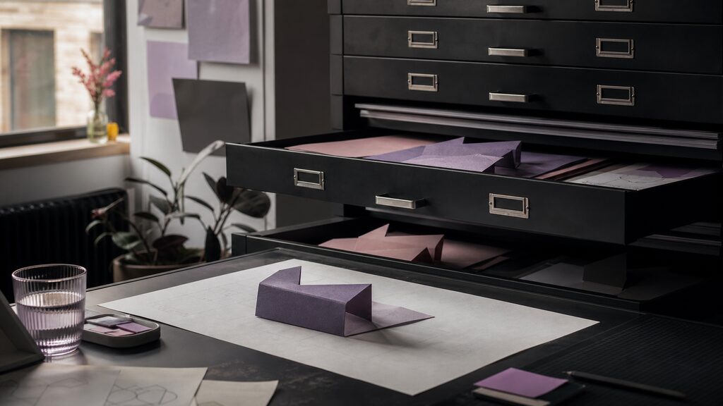 Label-free archive drawers holding successive versions of the same folded paper model, one safely restored to the desk