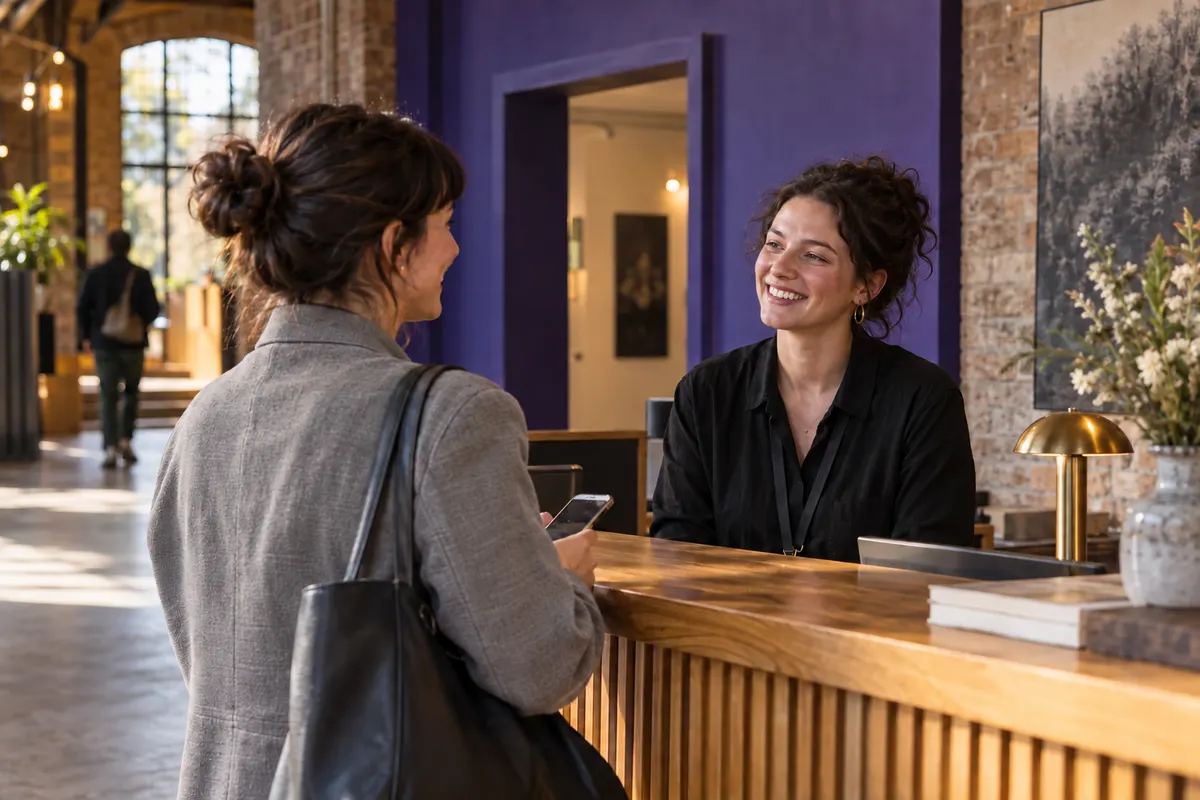 A visitor with her phone receiving a warm welcome at a venue reception.