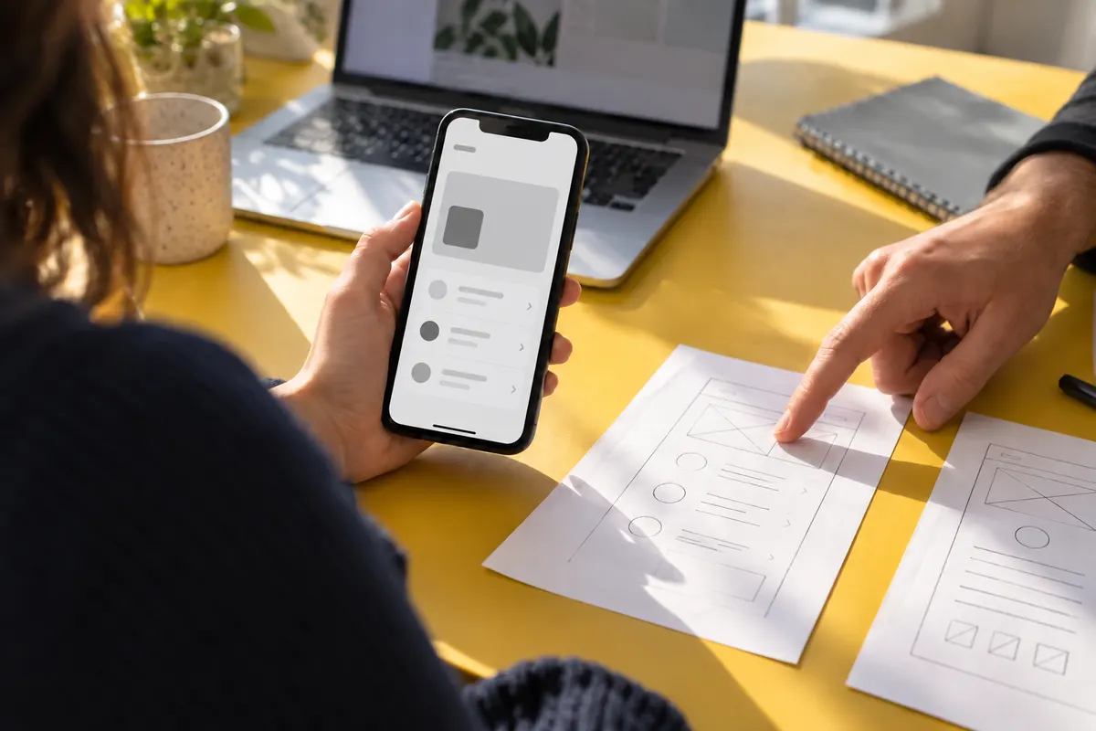 Two people comparing a phone app prototype with paper wireframes on a yellow desk.