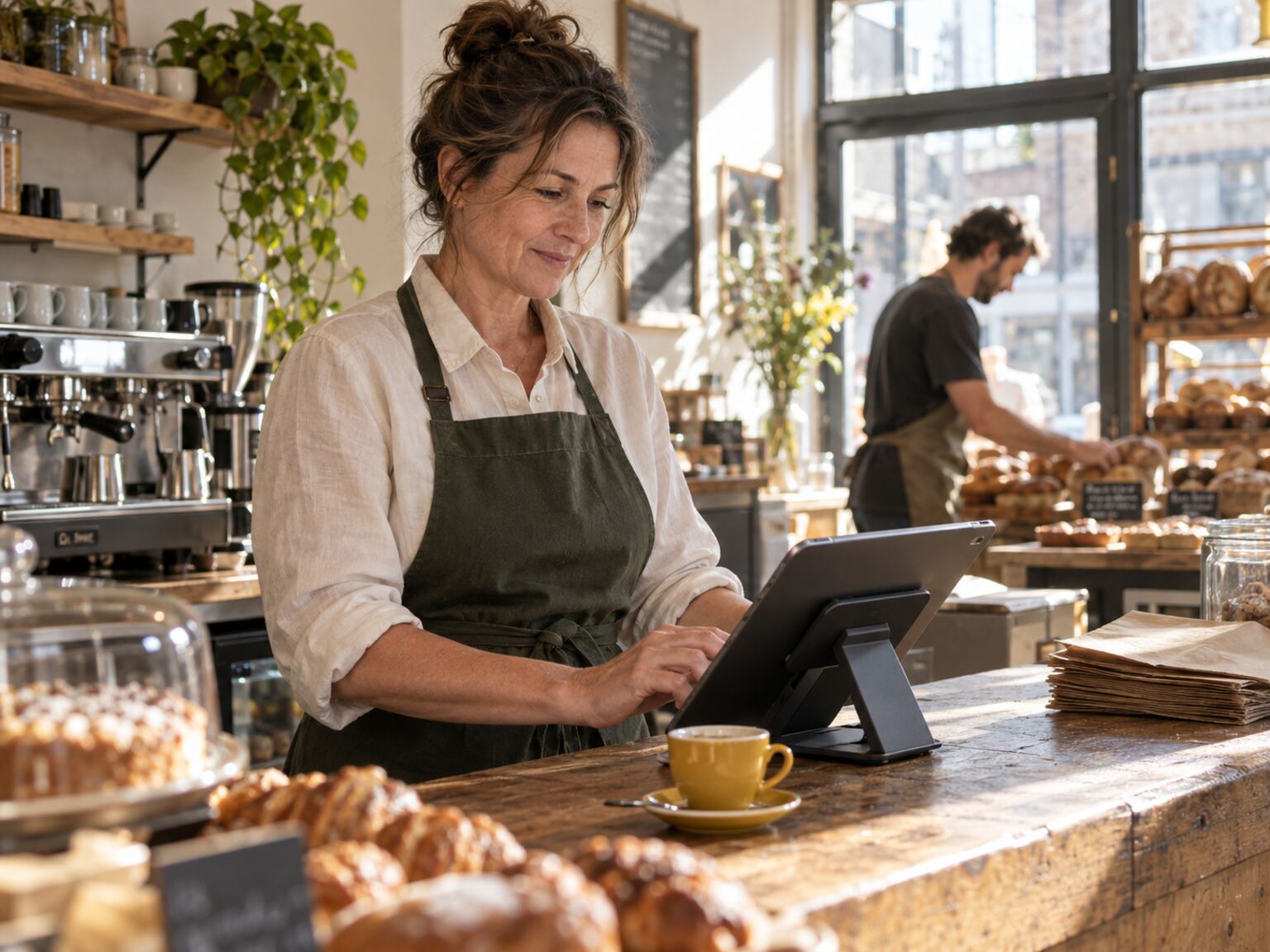 A cafe owner checking orders on a tablet as the team prepares for the day.