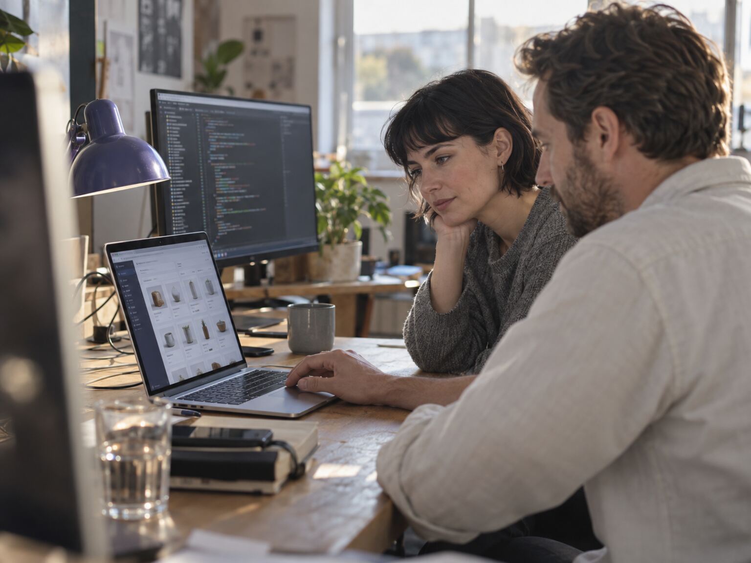 A client trying a working application alongside its developer.