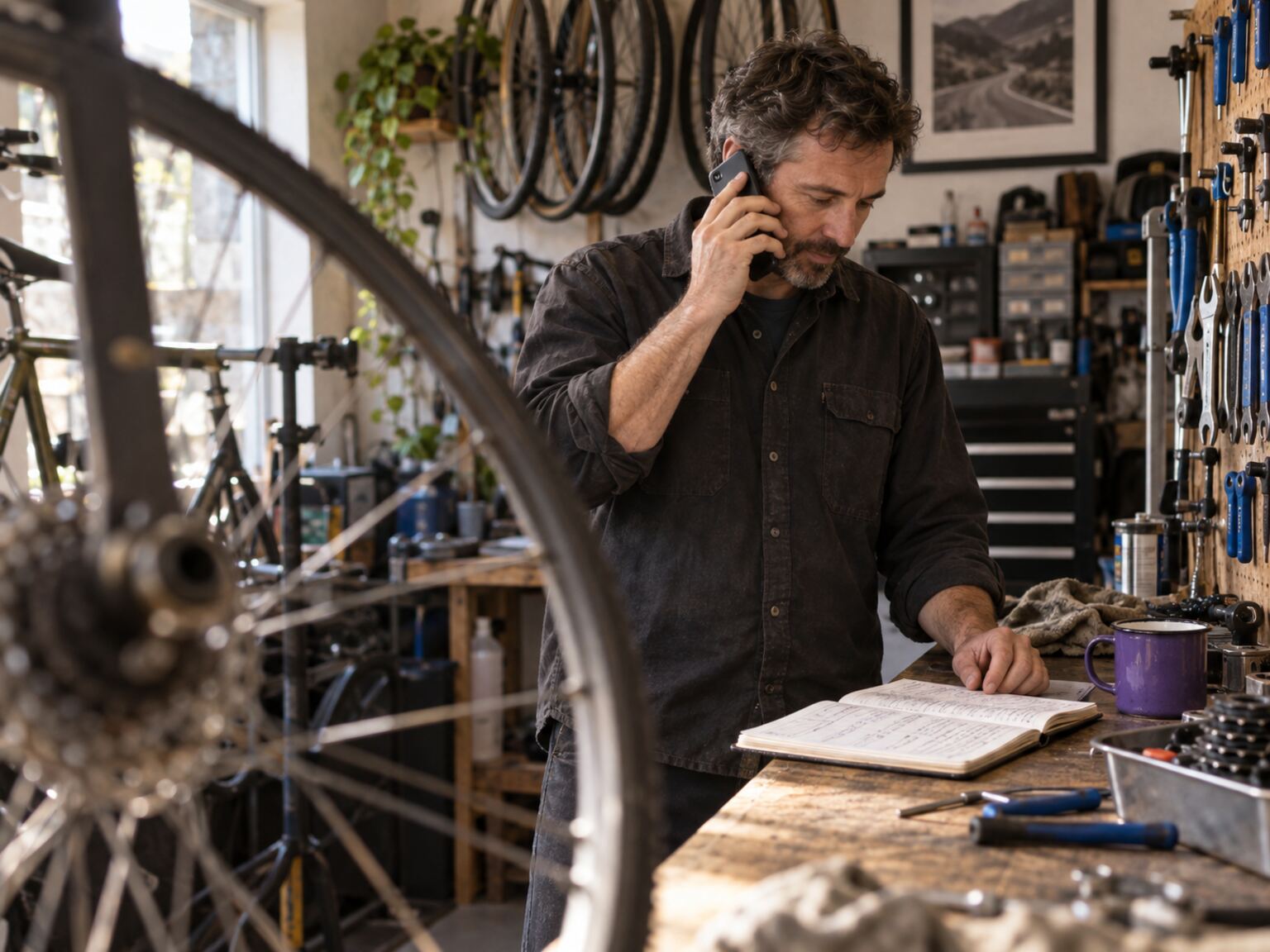 A bicycle shop owner discussing their work on a phone call beside the repair bench.