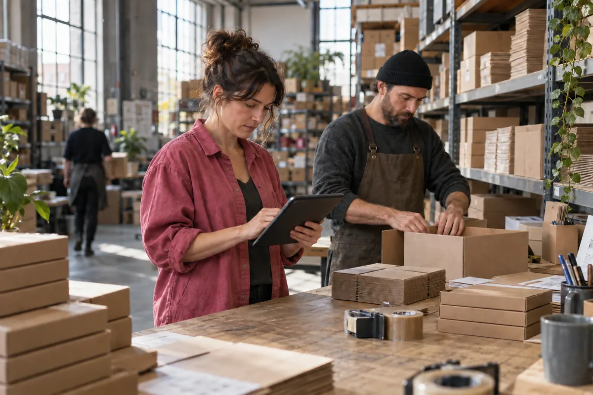 Warehouse staff checking orders on a tablet and packing boxes at a shared workbench.