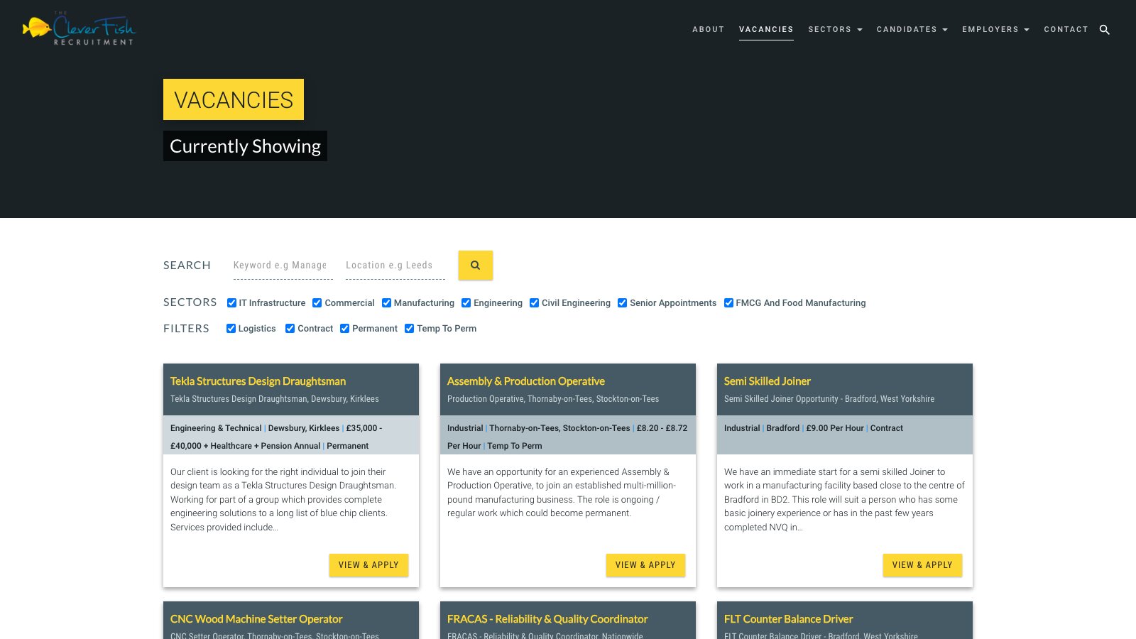 The Clever Fish vacancy board from April 2021: keyword and location search, sector and contract filters, and job listings.