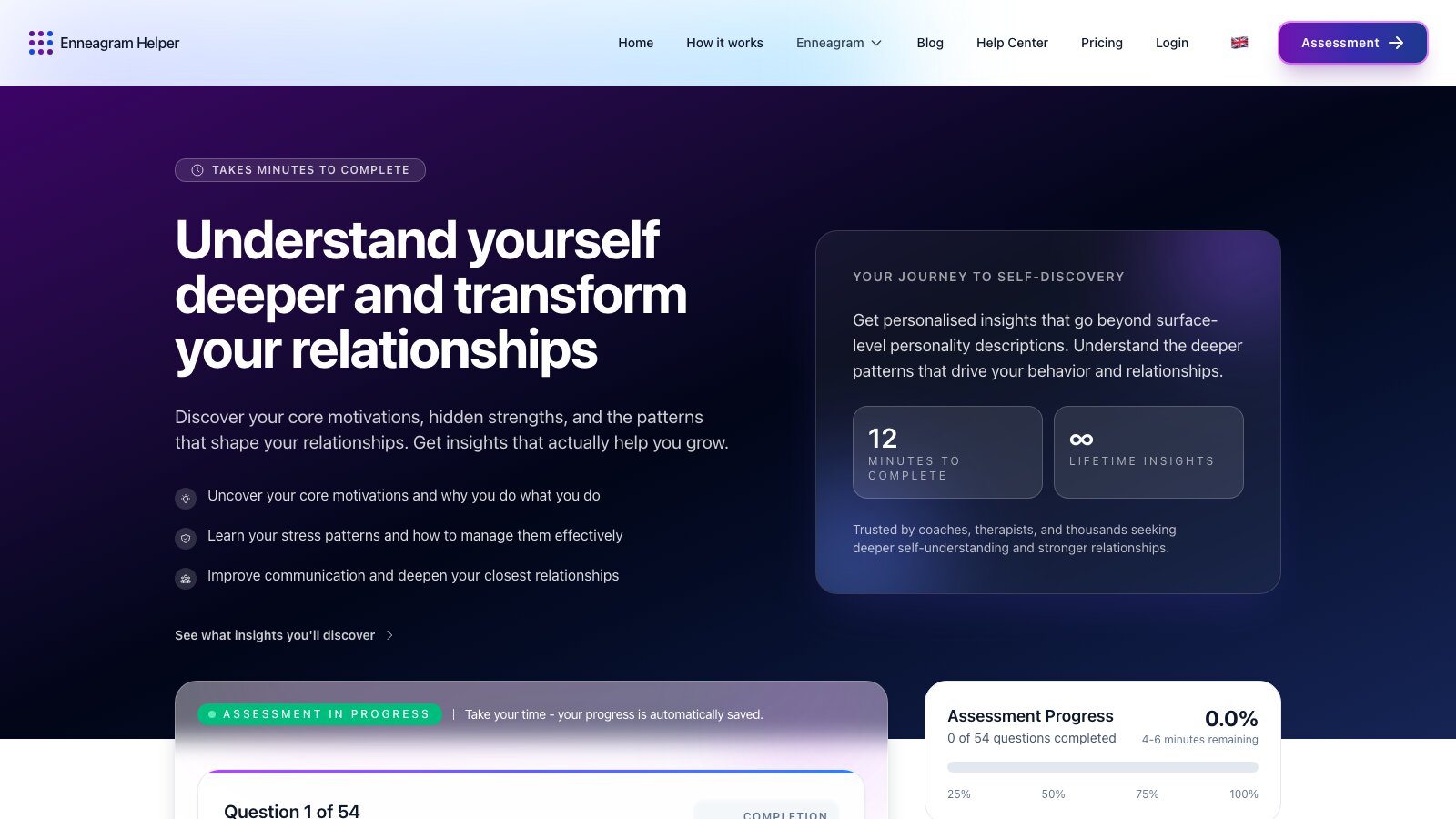 Enneagram Helper assessment screen at question 1 of 54, with the progress panel beside it.