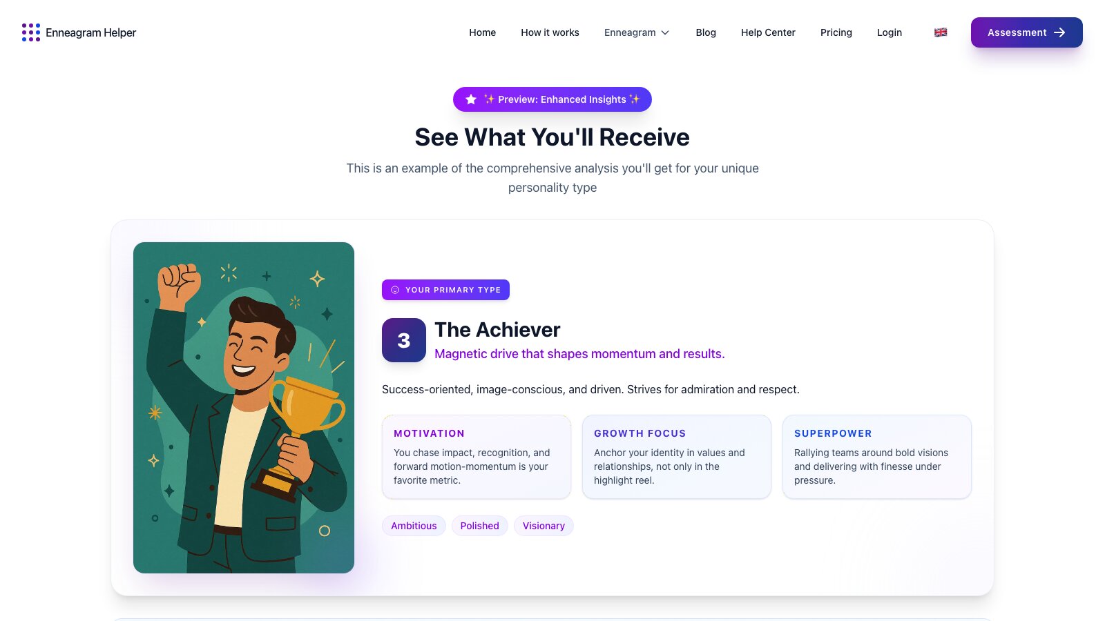 Enneagram Helper report preview, showing a primary type result with its motivation, growth focus and superpower panels.
