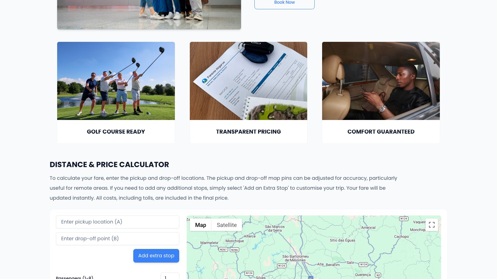 The airport transfer price calculator on the Forever Algarve website: pickup and drop-off fields beside a map of the Algarve.