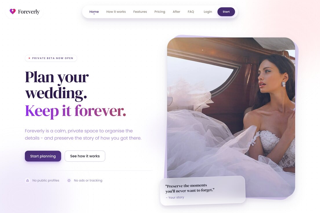 Foreverly wedding planning website home page.
