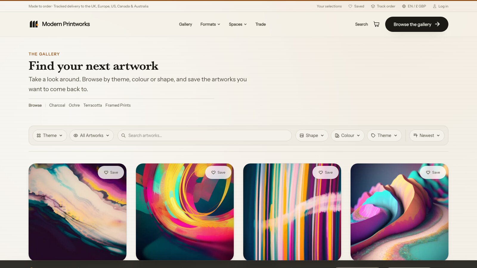 The Modern Printworks gallery page, with theme, colour, shape and search filters above a grid of artworks.
