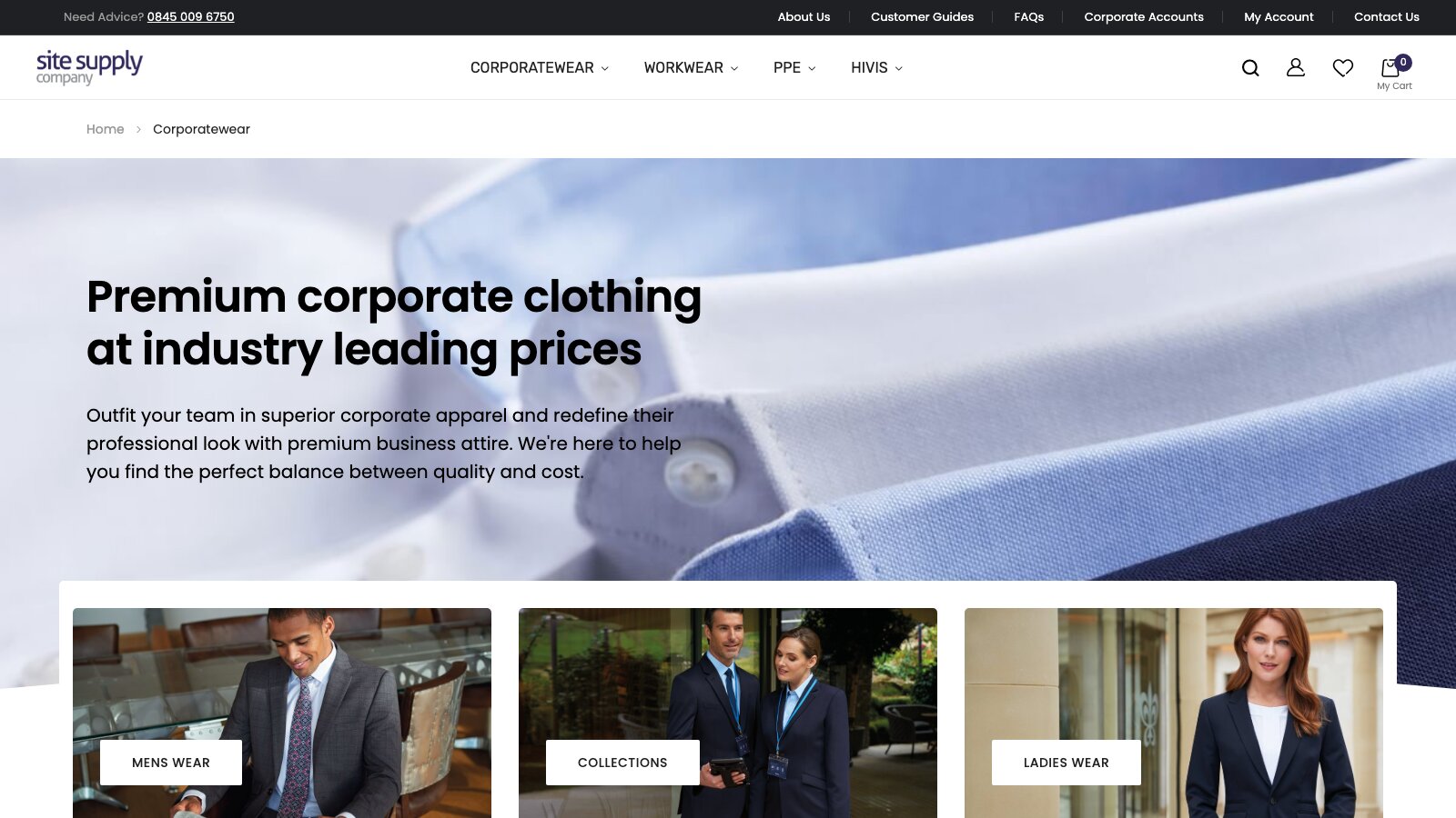 The corporatewear range page on the Site Supply Company shop, with entry points for men’s wear, collections and ladies’ wear.