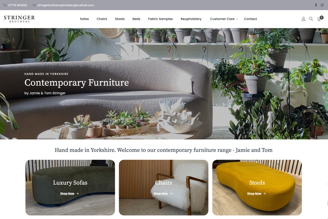 Stringer Brothers Upholstery online shop home page.