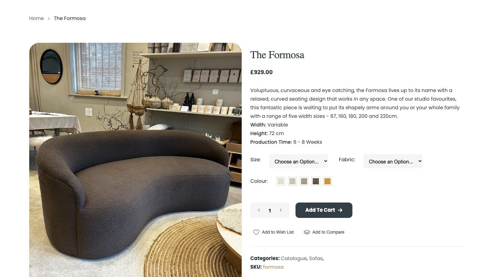 The Formosa sofa page on the Stringer Brothers shop, with size, fabric and colour choices beside the product photograph.