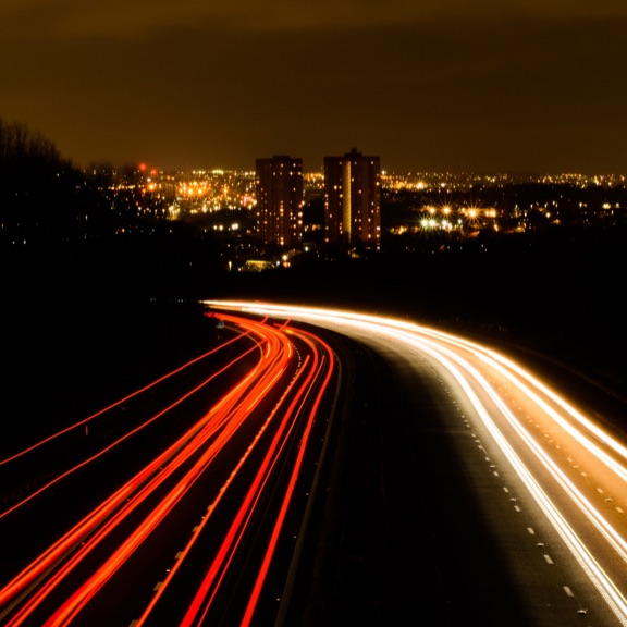 night scene of motorway into Leeds